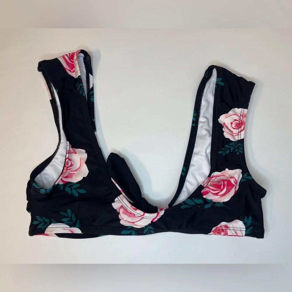 Cupshe Women's‎ Black Pink Floral Bralette Bikini Swimsuit Top Size S